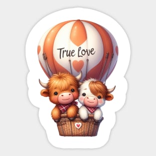 Valentine Highland Cow Couple On Hot Air Balloon Sticker